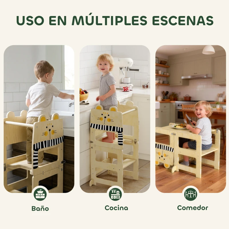 AIYAPLAY Torre de Aprendizaje 3 en 1 Plegable Convertible en Escritorio y Silla con Pizarra Dibujos de Gatos Natural