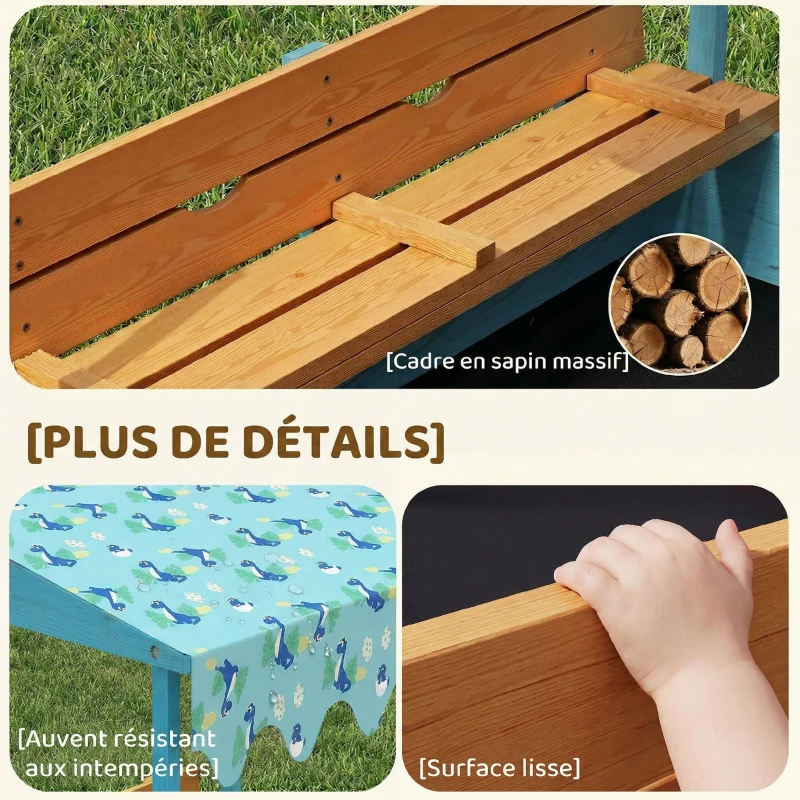 AIYAPLAY Bac à sable en bois avec couvercle, bac à sable enfant extérieur avec siège pliable toile imprimée flamants bleus