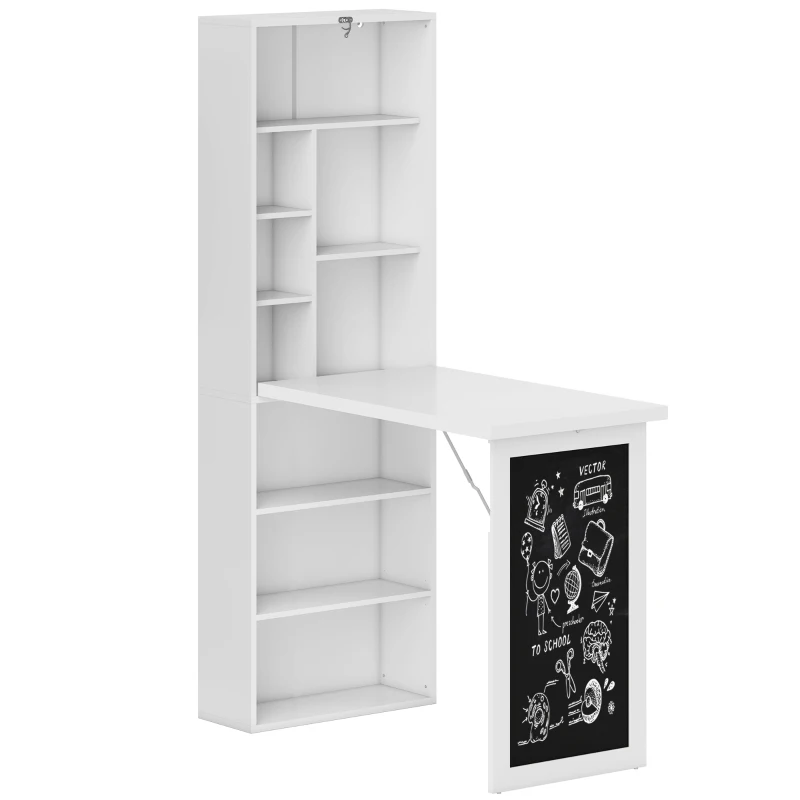 HOMCOM Bureau avec rangement pliable murale rabattable avec bibliothèque poste de travail tableau à craie et étagère réglable