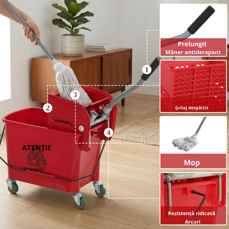 HOMCOM Găleată de mop cu stoarcător, panou separator și roți, capacitate 20 L pentru curățenie casnică 45x26,5x70 cm roșu