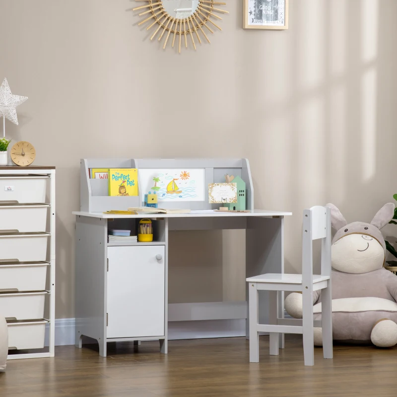 HOMCOM Escritorio Infantil de Madera con Silla y Mesa con Organizador y Pizarra Blanca para +5 Años 90x45x85 cm Gris
