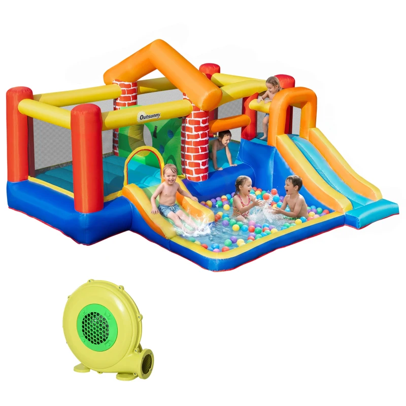 Outsunny Kids Bouncy Castle with Double Slides Pool Trampoline Climbing Wall w/ Blower