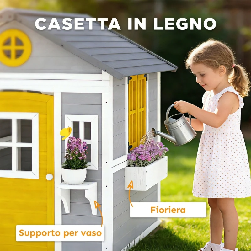 Outsunny Casetta da Giardino in Legno per Bambini 3-8 Anni con Finestre, Tetto Inclinato, Vasi e Fioriere, Grigio