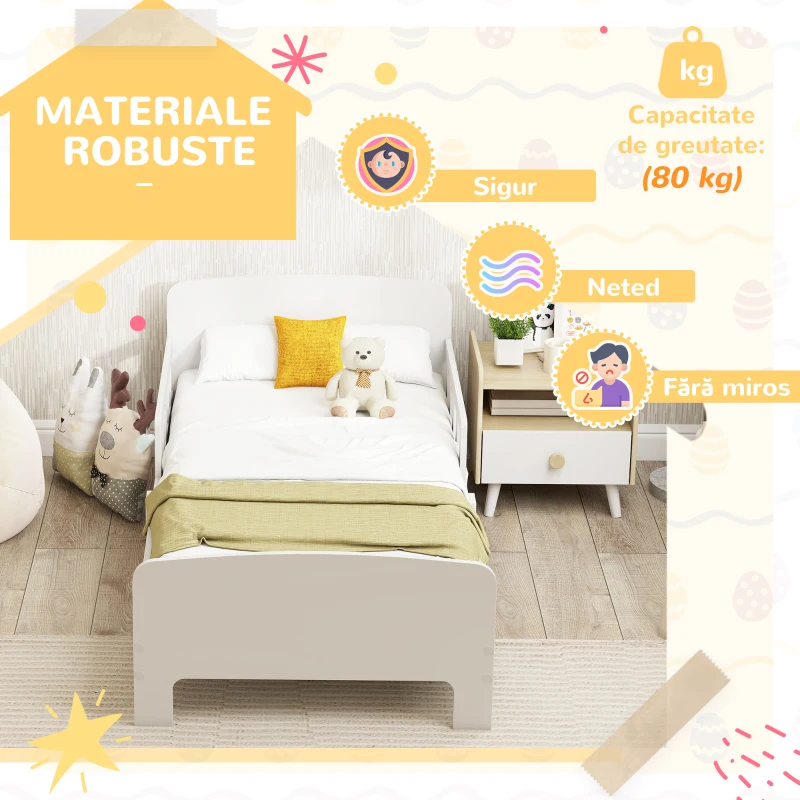 AIYAPLAY Pat pentru Copii 3-8 Ani Jos cu Bare Laterale și Margini Rotunjite, din Lemn, 143,5x74,2x54 cm, Alb