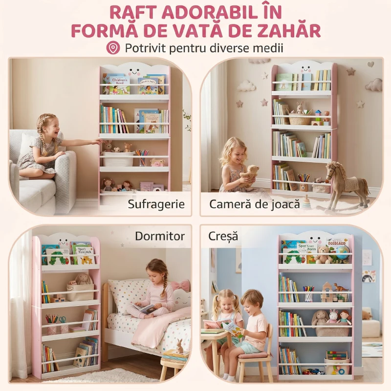 AIYAPLAY Bibliotecă Montessori Copii 3-6 Ani, Tematică Vată de Zahăr, 4 Rafturi din Lemn, Cameră Copii, Roz