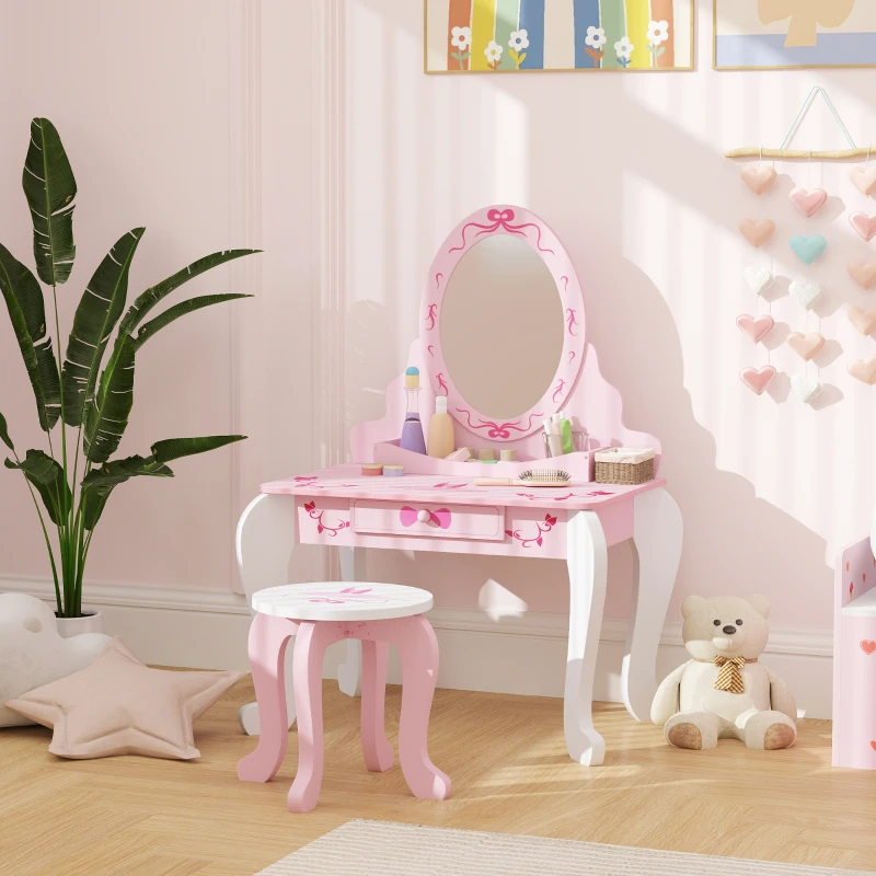AIYAPLAY Kids Dressing Table Set, Vanity Table with Stool, Mirror, Drawer, Desktop, Storage, Ballet-Theme, Pink
