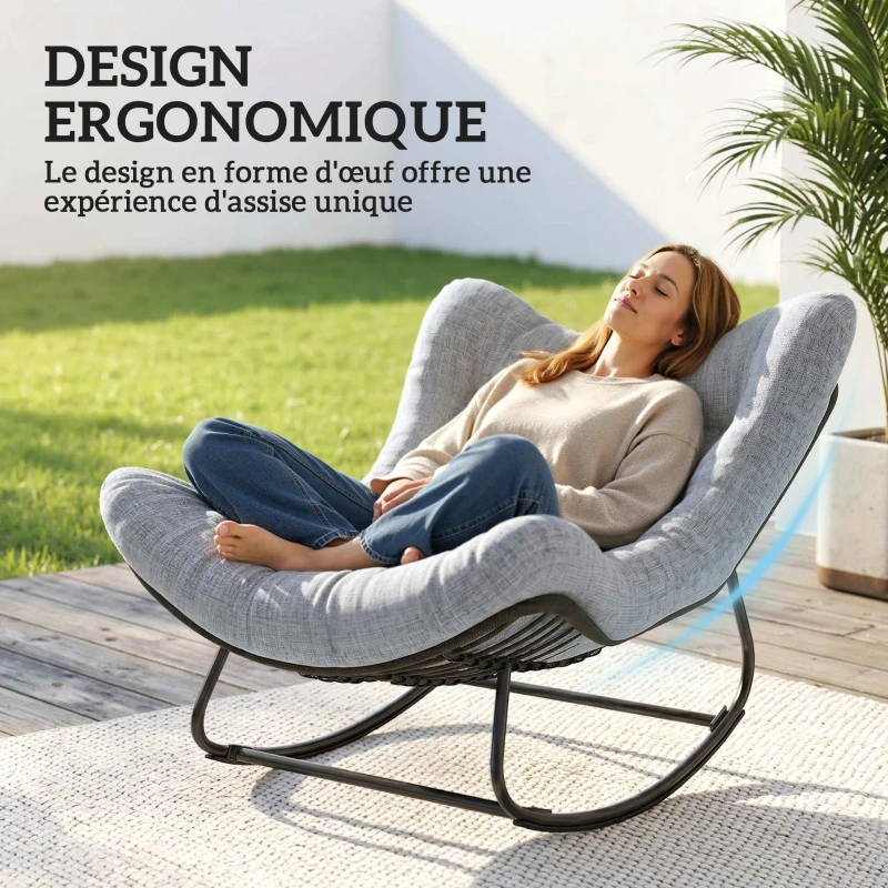 Outsunny Fauteuil à bascule de jardin chaise à bascule en forme d'œuf avec coussin rembourré 98 x 111 x 74 cm gris