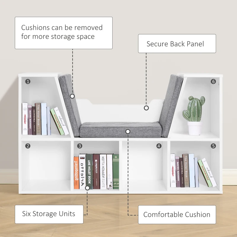 HOMCOM 6 Cube Bookcase with Cushioned Seat, Cube Storage Shelf, Bookshelf Organizer for Study, Reading Corner, White