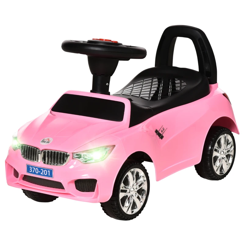 HOMCOM Porteur enfants voiture, véhicule à pousser avec coffre à jouets, klaxon, phares et musique, 63,5 x 28 x 36 cm, rose