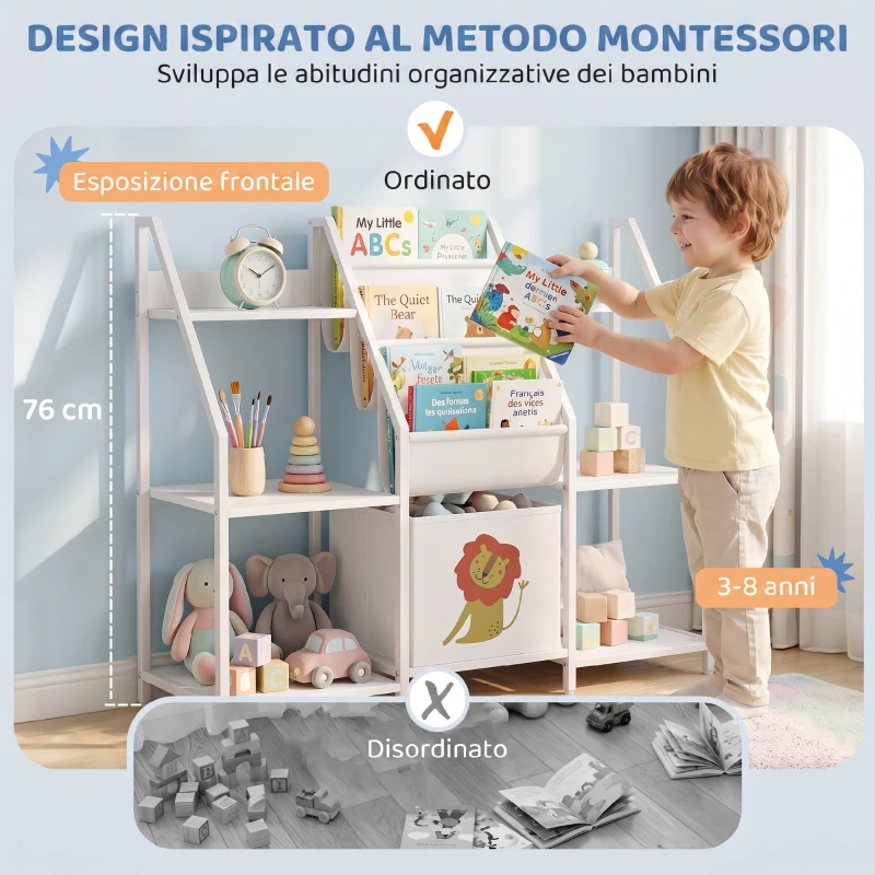 AIYAPLAY Libreria Montessoriana per Bambini 3-8 Anni con 3 Ripiani in Tessuto, Scomparti in Legno e Cassetto, Bianco