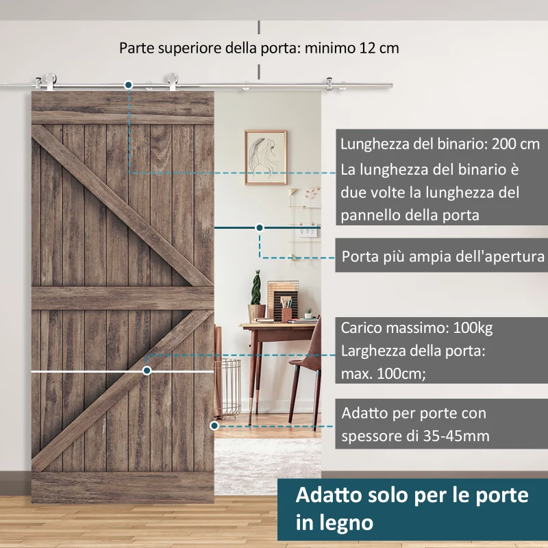 HOMCOM Kit Montaggio per Porta Scorrevole Singola da 2000mm con Binario e Accessori in Acciaio Inox per Pareti di Cemento o Legno