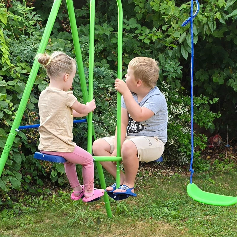 Outsunny Balançoire portique pour enfant 3 en 1 avec 1 balançoire face à face et 2 sièges de balancelle, balançoire enfant extérieur cadre en A métal, hauteur réglable, charge 180kg, 3+ans, vert