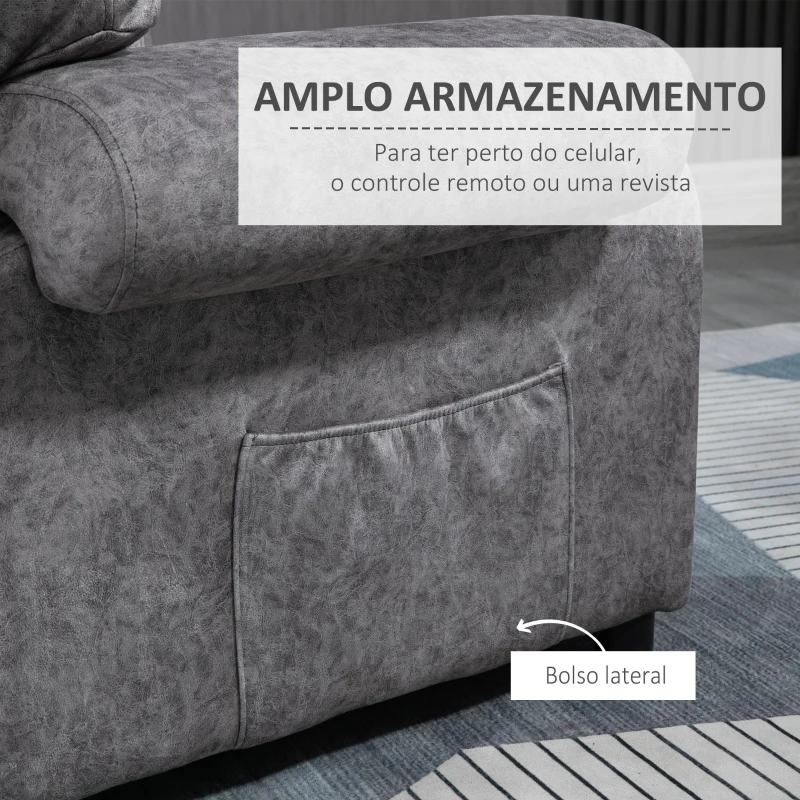 HOMCOM Poltrona Relax Reclinável com Apoio para os Pés Retrátil Encosto Alto Bolso Lateral Acolchoado Grosso 88x91x108 cm Cinzento