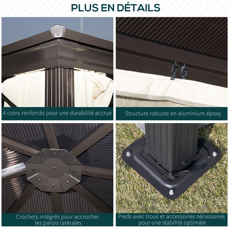 Outsunny Tonnelle pavillon de jardin imperméable 4 parois latérales anti-UV 4 moustiquaires panneaux polycarbonate alu 3L x 3l x 2,6H m chocolat beige