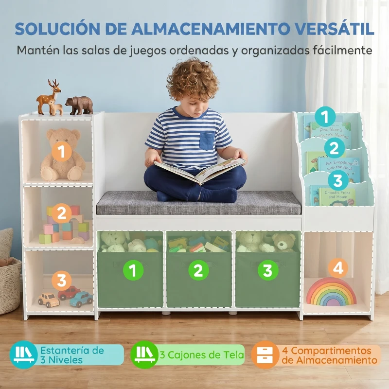 AIYAPLAY Estantería Infantil Juguetes con Rincón de Lectura Cojín 3 Cajones de Tela 3 Estantes 4 Cubículos 137x40x80 cm Blanco