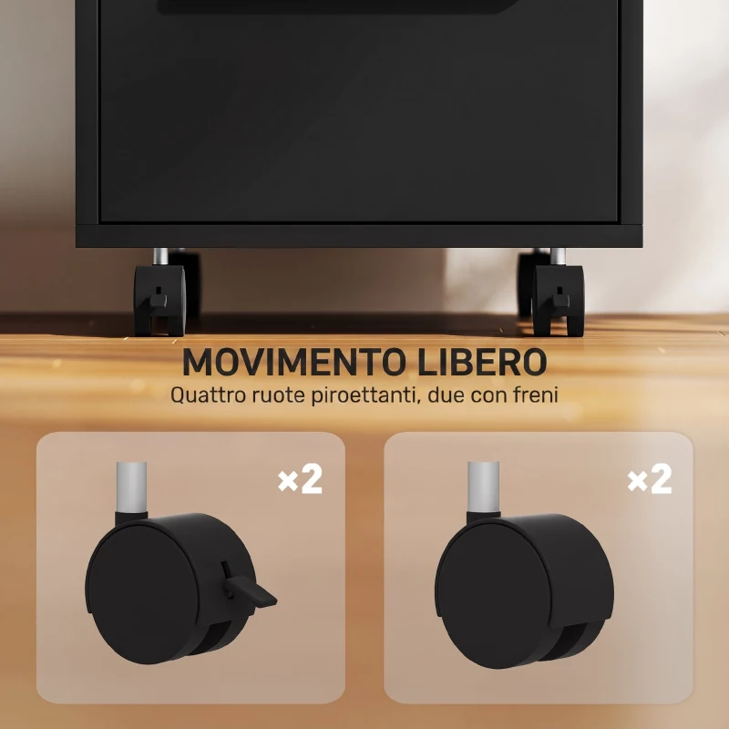 HOMCOM Schedario da Ufficio con 3 Cassetti, 4 Ruote, Cassettiera Ufficio con Serratura e 2 Chiavi, Nero
