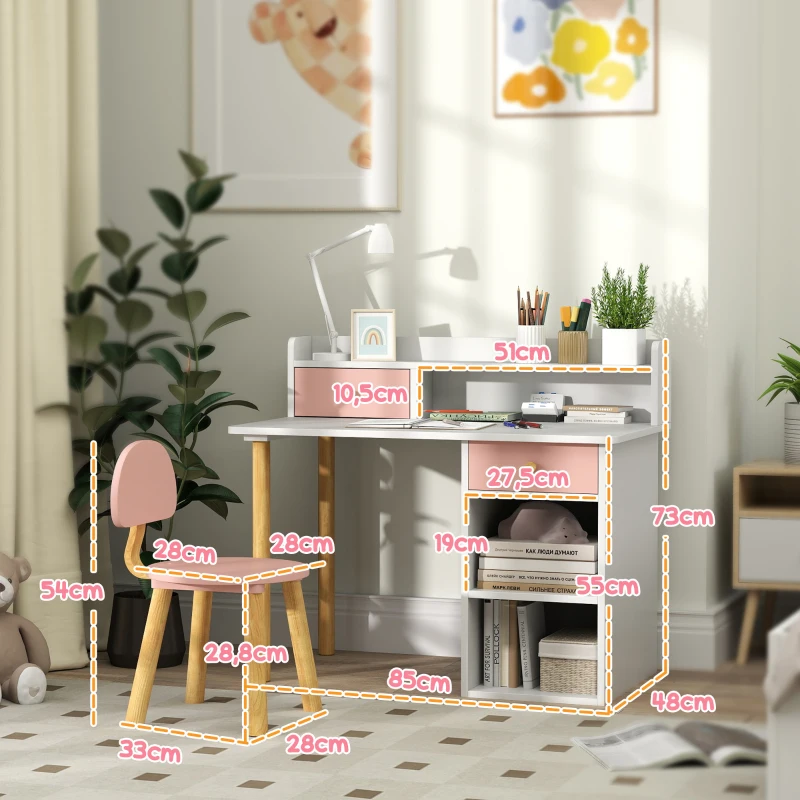 AIYAPLAY Juego de Escritorio Infantil con Silla Pupitre Infantil con Cajones Compartimento y Estantes Rosa y Blanco
