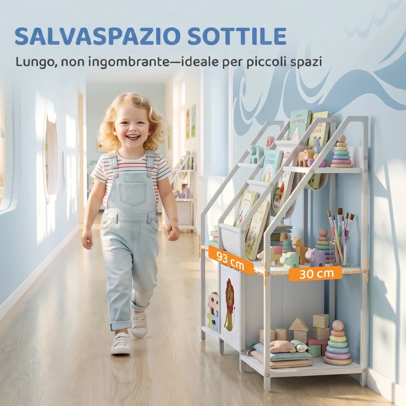 AIYAPLAY Libreria Montessoriana per Bambini 3-8 Anni con 3 Ripiani in Tessuto, Scomparti in Legno e Cassetto, Bianco