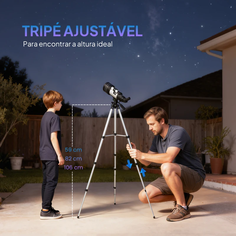Outsunny Telescópio com  Abertura de 70 mm 30X-300X 300 mm Lente Barlow 3X Nível e Tripé Ajustável 76x76x133 cm Branco e Preto