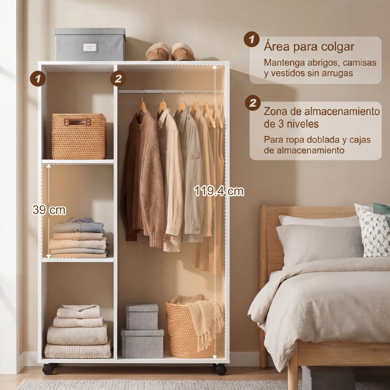 HOMCOM Armario Abierto con Ruedas Barra y Estantes para tener Ropa Colgada y Doblada 80x40x128 cm Blanco