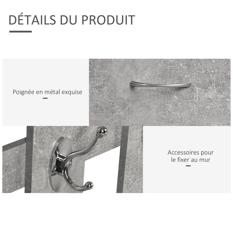 HOMCOM Ensembles 3 en 1 de meuble d'entrée vestiaire avec panneau porte-manteau, miroir et banc à chaussures - 6 crochets et étagère réglable, effet béton gris