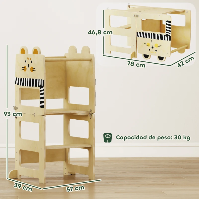 AIYAPLAY Torre de Aprendizaje 3 en 1 Plegable Convertible en Escritorio y Silla con Pizarra Dibujos de Gatos Natural