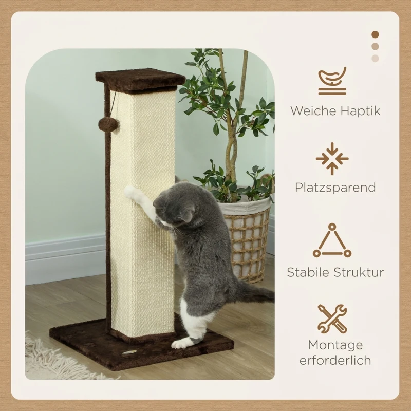 PawHut Krabpaal kattenboom, incl. speelbal, pluche, sisal, 41 x 41 x 81 cm, crème + bruin