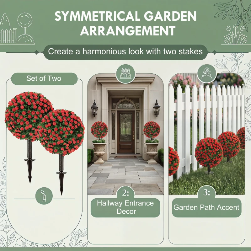 HOMCOM Artificial Rose Topiary UV Resistant, 2-Pack Fake Plants, 55 cm, Red
