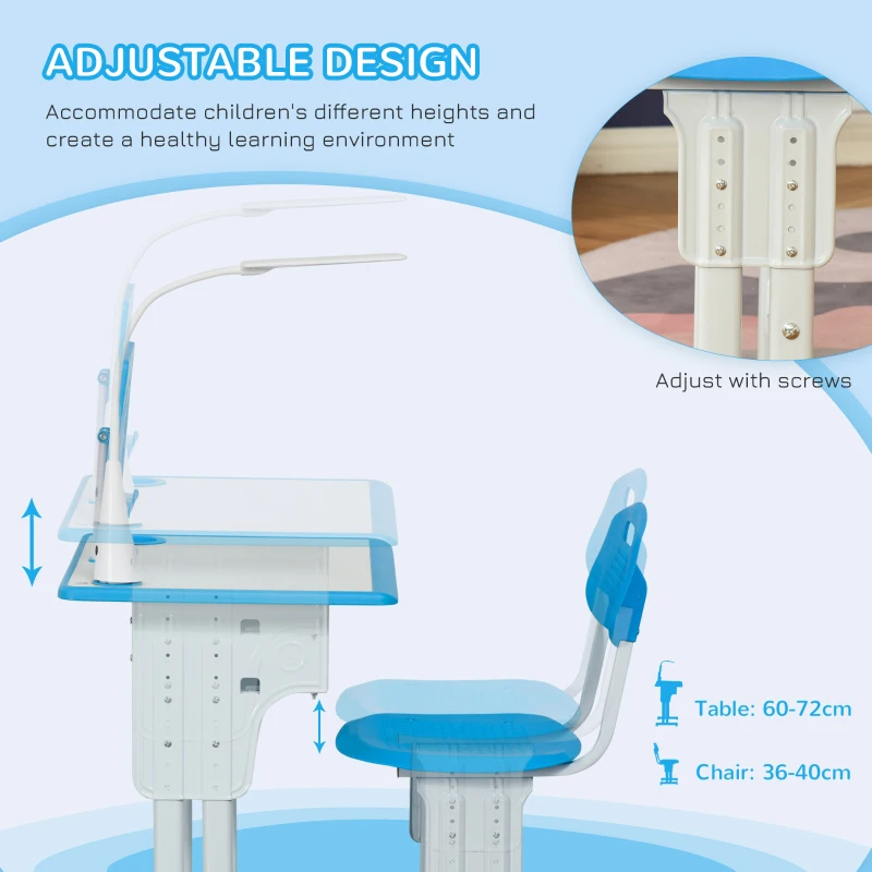 HOMCOM Kids Desk and Chair Set Adjustable Height Study Table Set with Drawer, Book Stand, Pen Slot - Blue