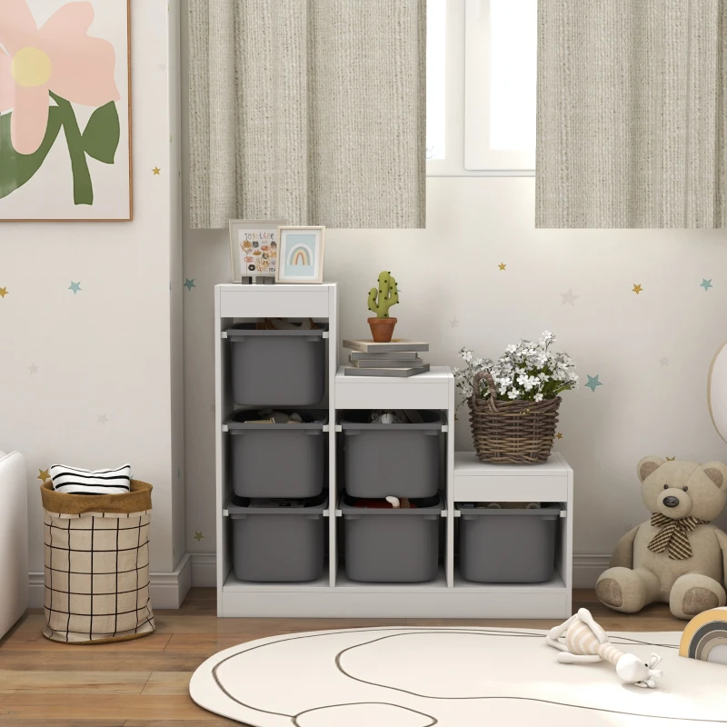 AIYAPLAY Meuble de rangement pour jouets des enfants avec 6 bacs amovibles, 3 niveaux de rangement, 96 x 38,5 x 90, gris