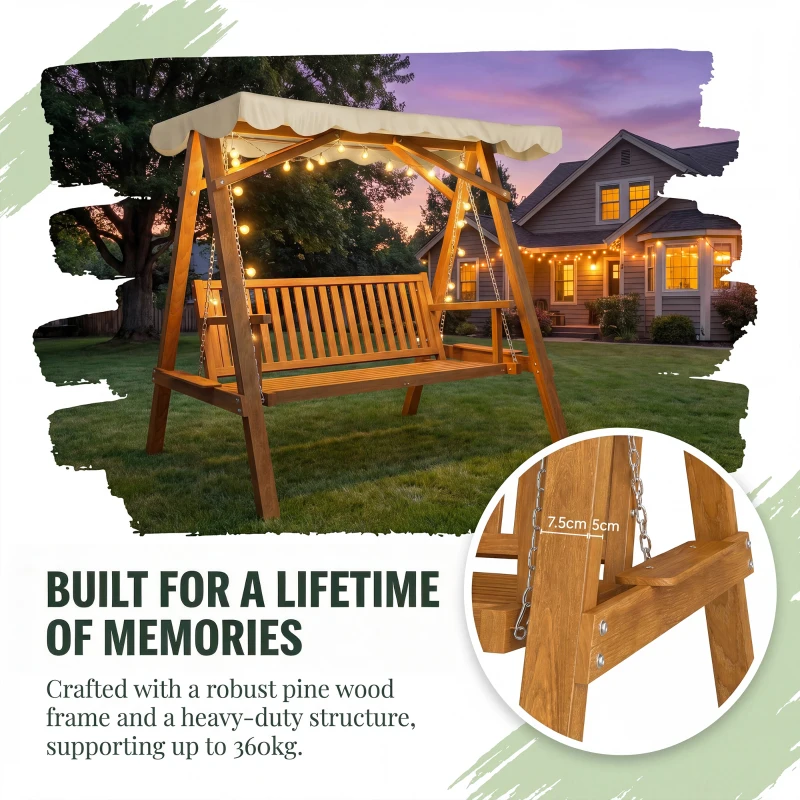 Outsunny 2 Seater Garden Swing Seat with Canopy, Wooden Swing Chair, Outdoor Hammock Bench for Balcony Patio Porch, Cream White