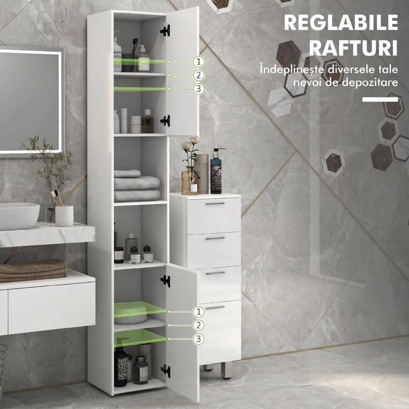kleankin Dulap de Baie Înalt Slim 181,5 cm cu Rafturi Deschise și 2 Dulapuri, 30 x 30 x 181,5 cm, Alb