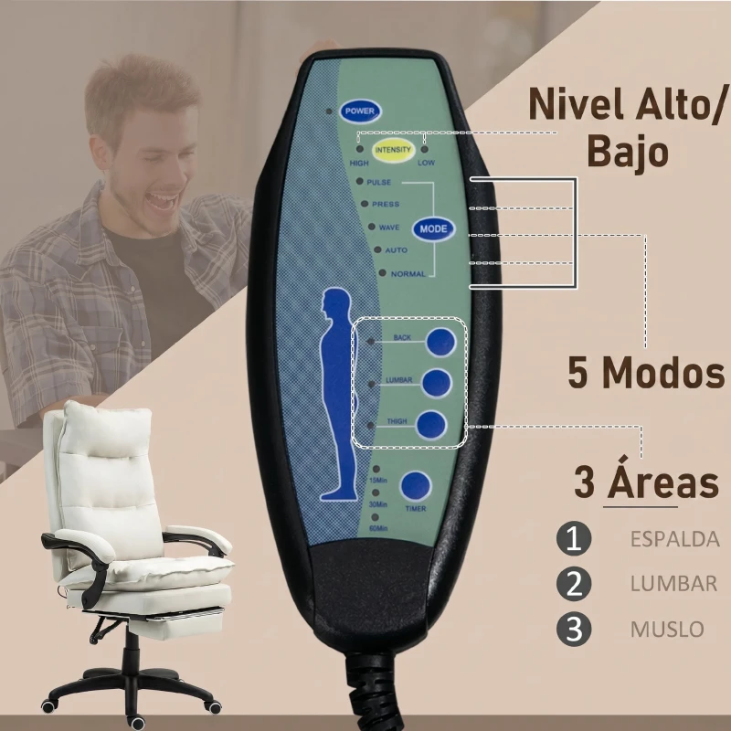 Vinsetto Silla de Escritorio con Masaje Altura Ajustable Respaldo Reclinable Reposapiés Giratoria 360° Crema
