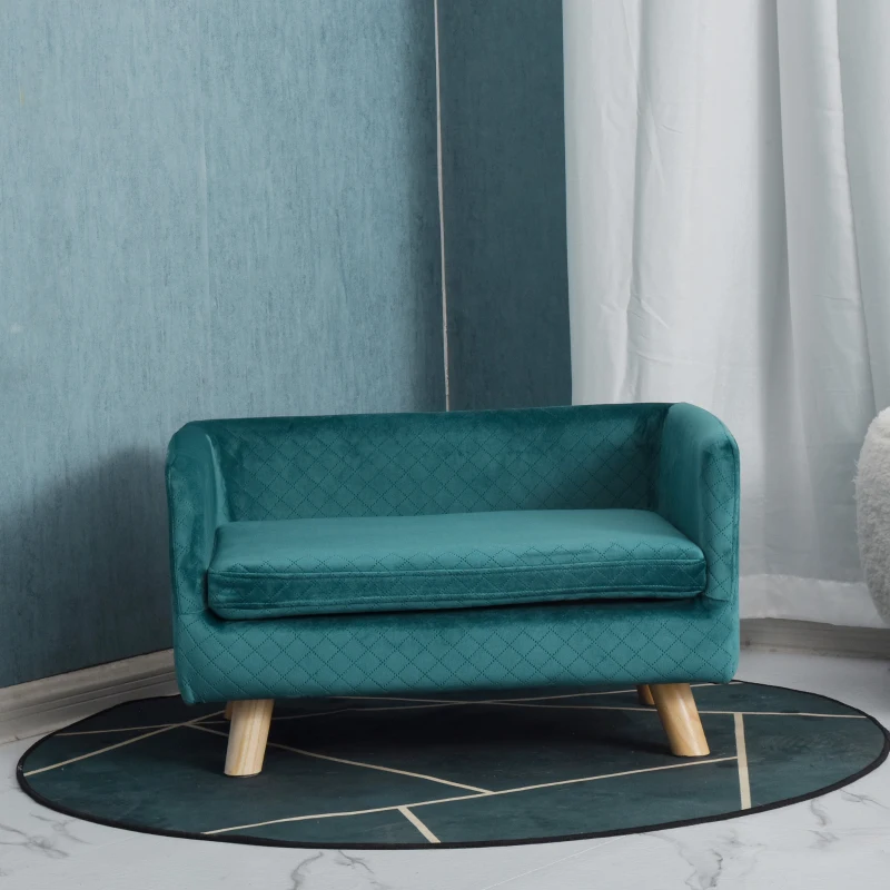 PawHut Canapé chien lit pour chien design scandinave coussin moelleux pieds bois massif dim. 64 x 45 x 36 cm velours bleu canard