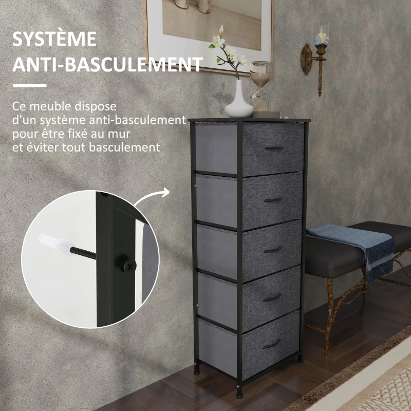 HOMCOM Commode 5 tiroirs meuble de rangement tiroir en tissu pliant - structure acier noir - 45 x 30 x 116 cm gris foncé