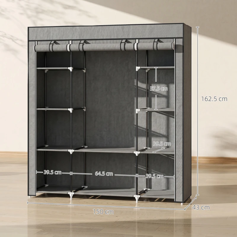 HOMCOM Clothes Storage Organiser with Hanging Rail, Shelves, Portable Wardrobe, Foldable Fabric Wardrobe, Dark Grey