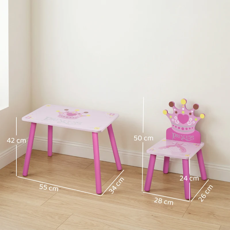 HOMCOM Juego de Mesa y 2 Sillas Infantiles de Madera Set de Mesa 55x34x42 cm Sillas 28x26x50 cm para Niños de 2-4 Años para Dormitorio Color Rosa
