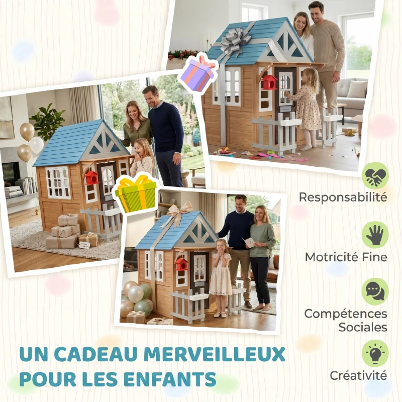 AIYAPLAY Cabane enfant extérieur en bois, maison enfant extérieure/intérieure avec chatière, cuisine de jeu, marron