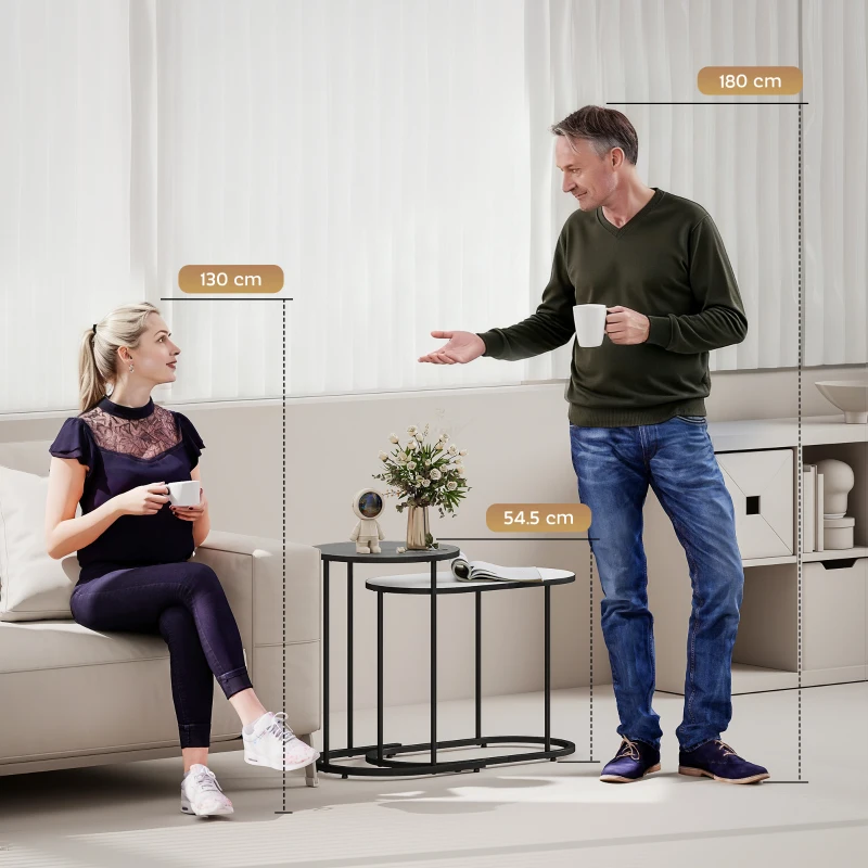HOMCOM Lot de 2 tables basses gigognes, tables d'appoint empilable style contemporain, cadre en métal gris et blanc