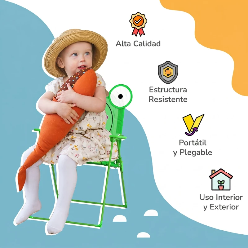 Outsunny Set de Mesa y Sillas Infantil de Jardín Conjunto de Picnic Plegable para Niños Juego de Mesa con Sombrilla Ajustable en Altura de 100-125 cm Diseño de Rana Verde