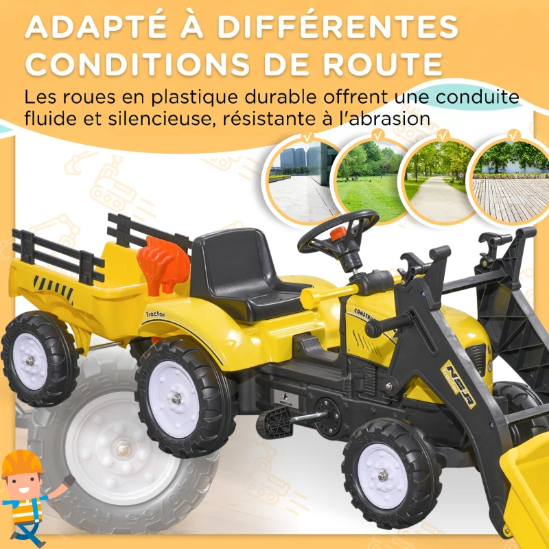 HOMCOM Tracteur à pédales tractopelle avec remorque Pelle et râteau Jeu de Plein air Enfants à partir de 3 Ans Jaune Noir