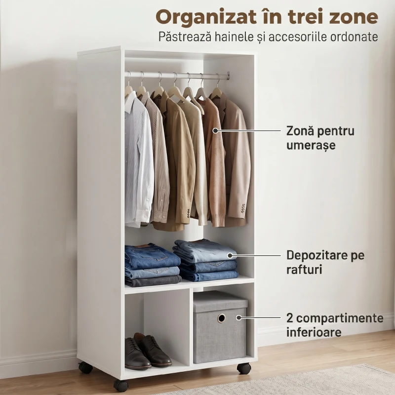 HOMCOM Suport Mobil pentru Haine cu Bară din Aluminiu și 2 Rafturi Deschise, Fabricat din PAL, 60x40x128 cm, Alb