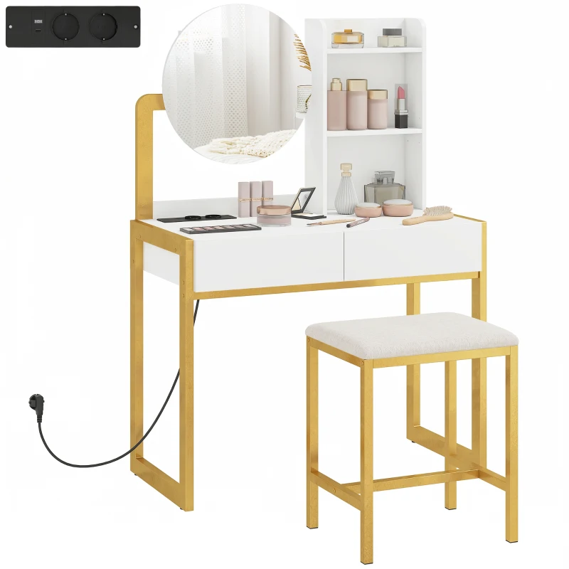 HOMCOM Coiffeuse avec miroir et tabouret, station de charge, table de maquillage avec 2 tiroirs, 3 étagères ouvertes, blanc
