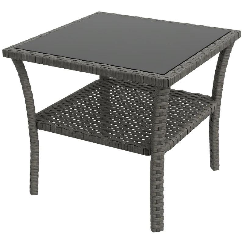 Outsunny Table d'appoint en résine tressée 2 niveaux 50x50x45cm, table basse de jardin carrée plateau en verre trempé, gris