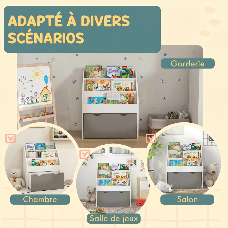 AIYAPLAY Bibliothèque pour enfants Multi-Rangement avec 3 niveaux d'étagères et un tiroir, 62,5L x 30l x 70H cm, gris et blanc