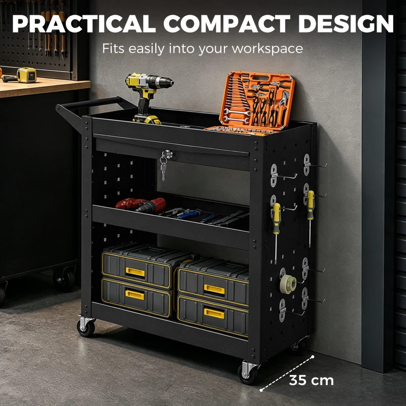 HOMCOM Tool Cart with Lockable Wheels, Rolling Workshop Cart with 3-Tier Trays, Drawer, Pegboards, Black