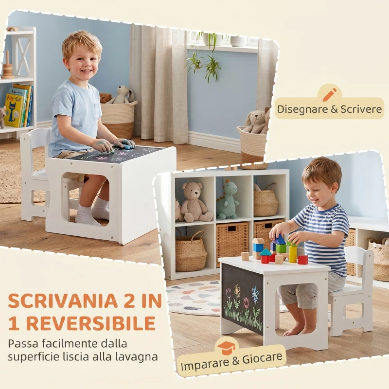 AIYAPLAY Set Tavolo e Sedia per Bambini 3-6 Anni in Legno con Piano Reversibile, Angoli Arrotondati, Bianco