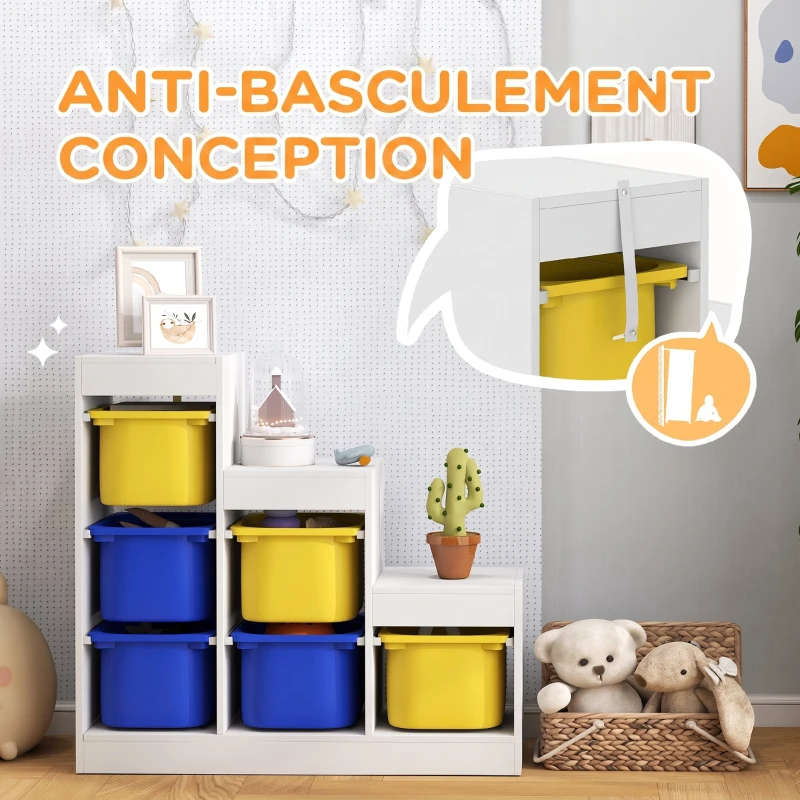 AIYAPLAY Meuble de rangement pour jouets des enfants avec 6 bacs amovibles, 3 niveaux de rangement, 96 x 38,5 x 90, multicolore