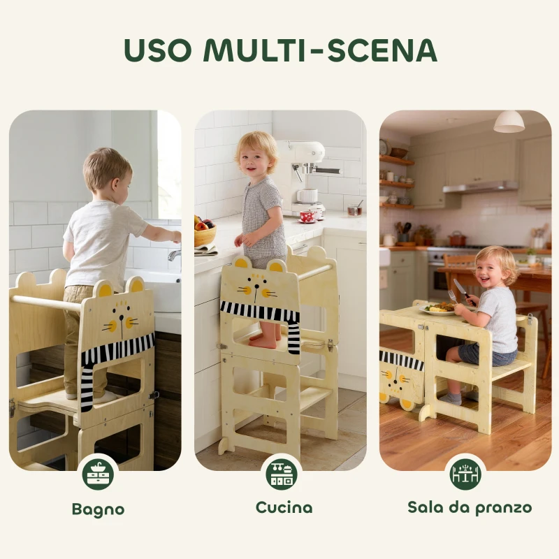 AIYAPLAY Torre Montessoriana Bambini 3 in 1 Pieghevole con Lavagna, Tavolo Sedia, Forma a Gatto, 2-5 Anni, Cucina