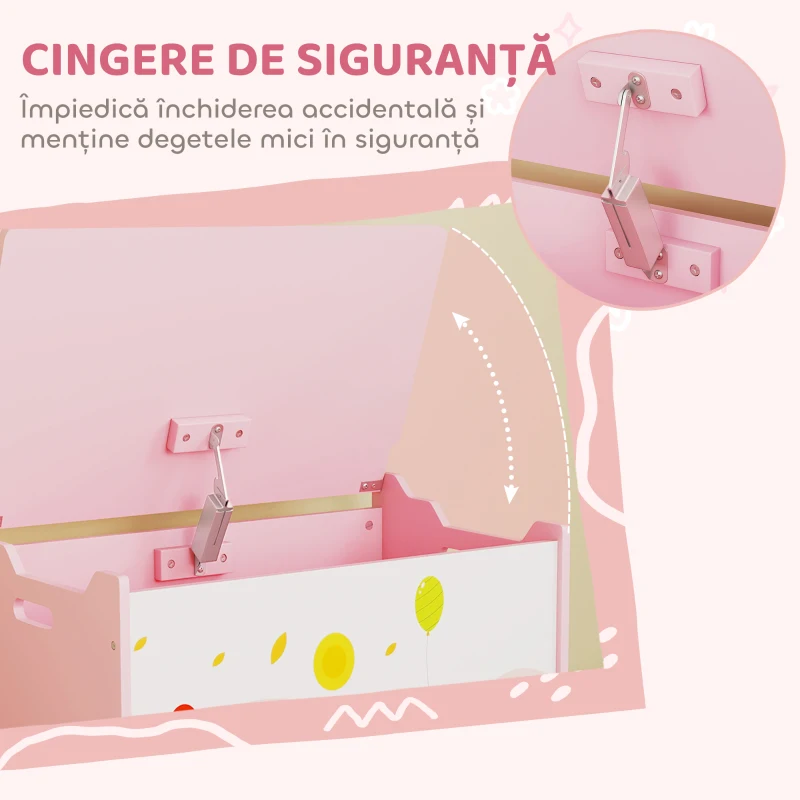 AIYAPLAY Ladă pentru jucării pentru copii cu balamale de siguranță, din lemn, cu desene cu animale, 60x37x39 cm, roz